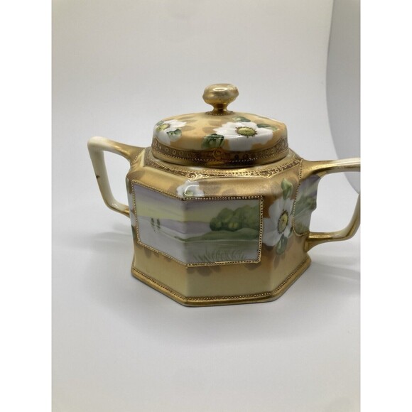 Vintage Noritake Nippon Hand Painted Creamer & Sugar Set Lake Scene Gold Gilt - Picture 6 of 16